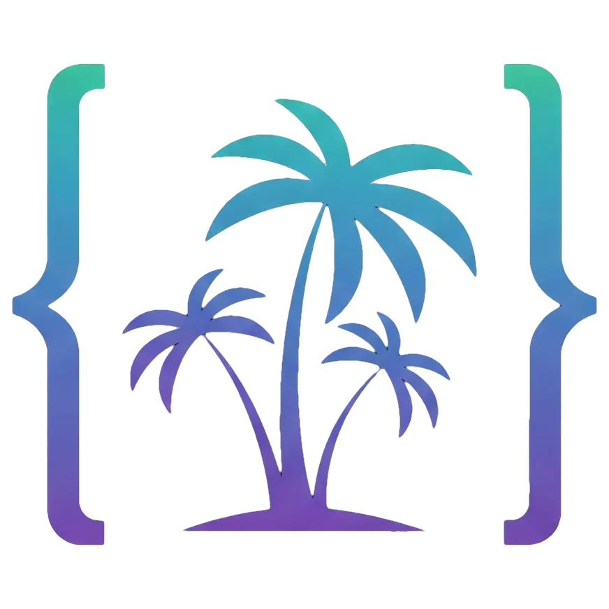 RemoteJSON logo - JSON brackets with a palm tree